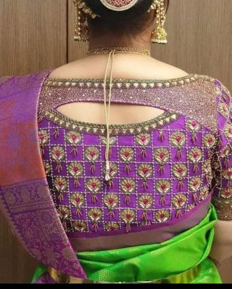 Grand Aari Embroidery On Purple Blouse Neck Design