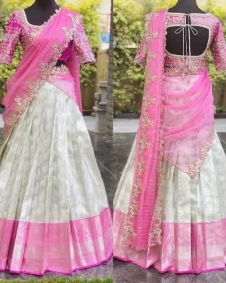 Pink And White Half Saree With Beautiful Back Neck Design Blouse
