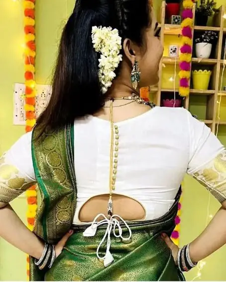 White Silk Saree Back Neck Design Blouse