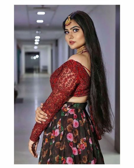 Broad V-neck Lehenga Full Sleeves Red Net Blouse Design