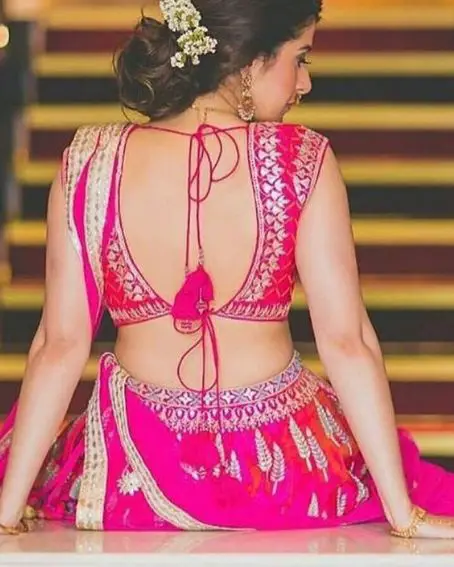 Trendy Pink Backless Half Saree Blouse Design