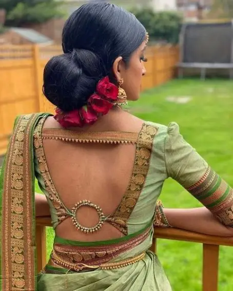 Backless Design For Back Neck Design With Borders And Bangle Work