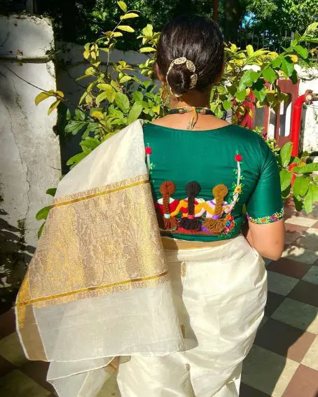 Thread Embroidery Maggam Work On Green Blouse