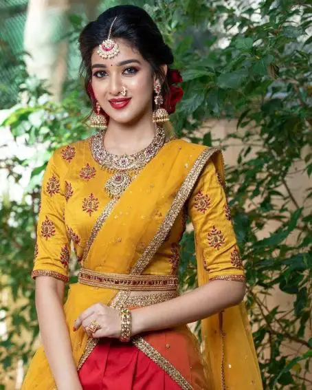 High Neck Mustard Color Half Saree Blouse Design