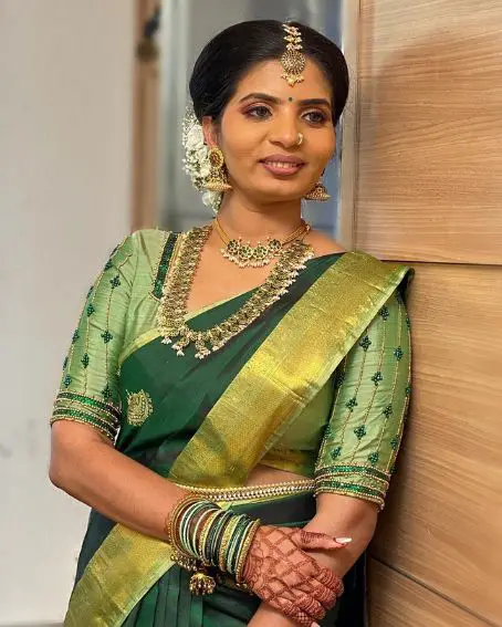 Light Green Pattu Blouse With Aari Work Design