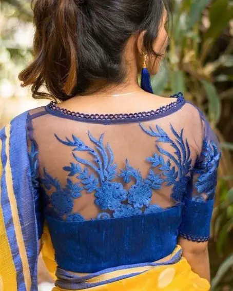 Blue Lace Border Back Neck Design Blouse