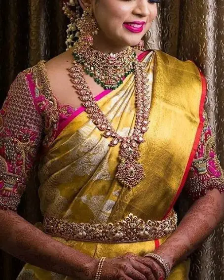 Pink Wedding Saree Blouse With Grand Aari Work Design