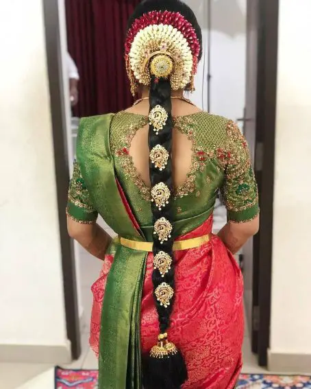 Green Maggam Work Blouse With Cut Open Back Design
