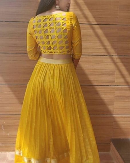Yellow-colored Checkered Pattern Half Saree Blouse