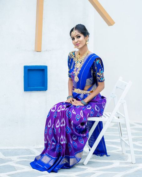 Intricate Work Blue Color Pattu Blouse Design