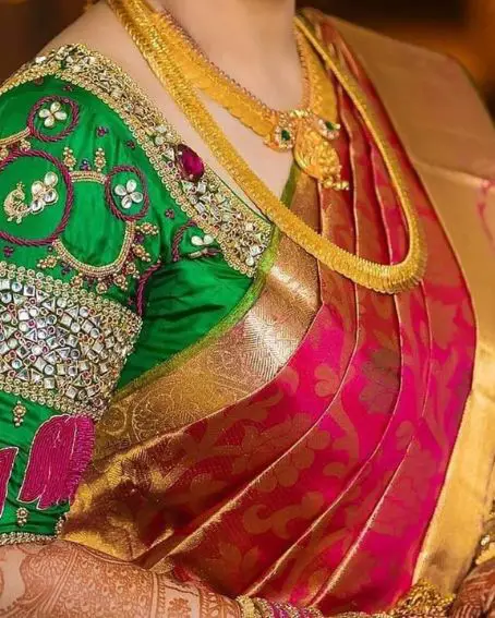 Stonework Design Green Pattu Blouse For Brides