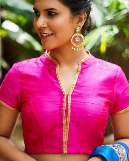 Pink Half-collar Neck Blouse Design With Golden Border