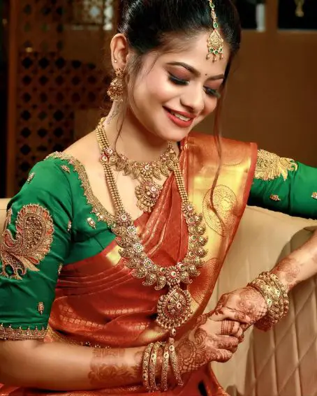 Bridal Green Pattu Blouse Design With Kundans And Stones
