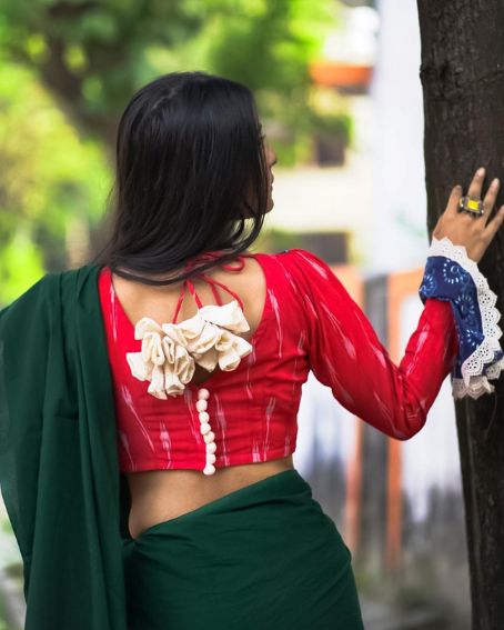 Red Color Full Sleeve Pochampally Saree Blouse Design