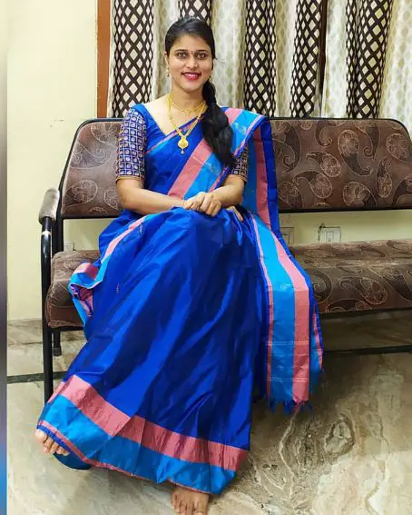 Maggam Work Blue Color Pattu Blouse Design