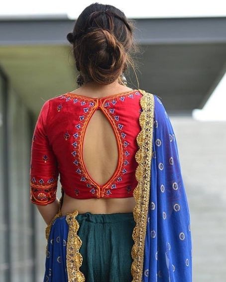 Amazing Orange And Blue Mix Half Saree Back Neck Design Blouse