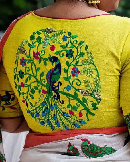 Peacock Embroidery Back Boat Neck Blouse Design