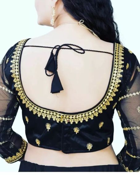 Gold Lace Border On Black Blouse Neck Design