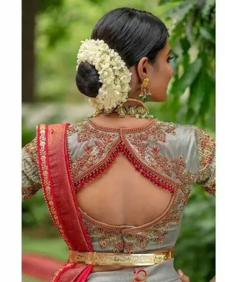 Gray Silk Saree Blouse With Border Back Neck Design