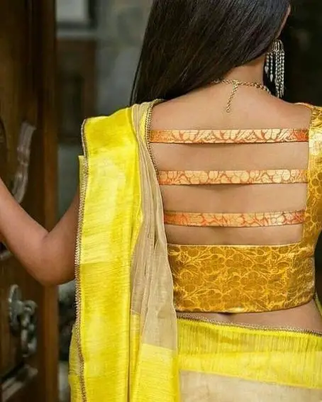 Yellow Fancy Bouse With Strips Pattern Neck Design