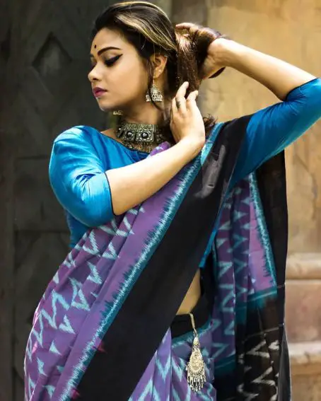 Boat Neck Blouse Design For Ikkat Saree