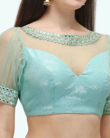 Blue Net Blouse With Lace Border Neck Design