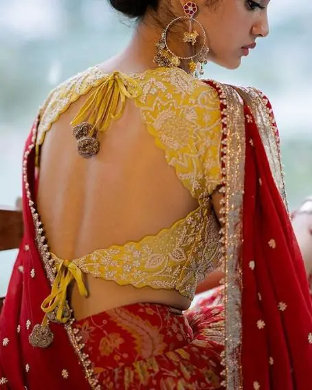 Attractive Yellow Embroidered Half Saree Blouse Back Neck Design