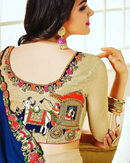 Pallaki Design On Back Neck Design On Three-fourth Sleeve Blouse