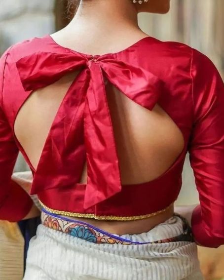 Fancy Bow-shaped Back Neck Blouse Design On Three-fourth Sleeves