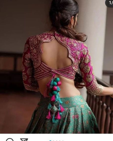 Adorable Three-fourth Sleeve Half Saree Blouse Back Neck Design