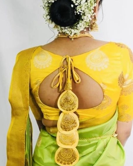 Yellow Brocade Silk Saree Blouse Back Neck With Latkhans