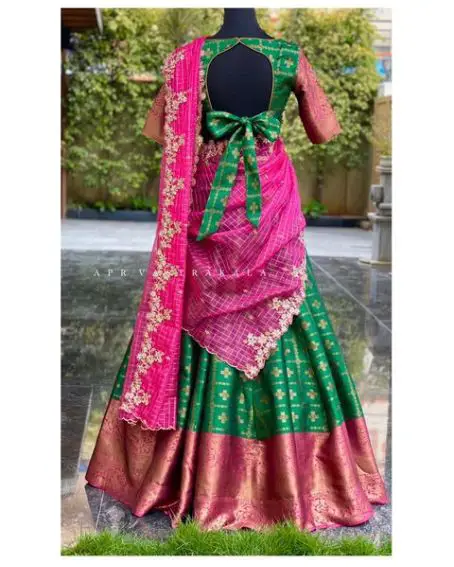 Green And Pink Half Saree Blouse Back Neck Design