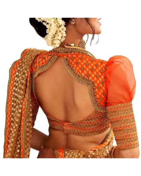 Orange Color Puffed Sleeve Half Saree Blouse Back Design