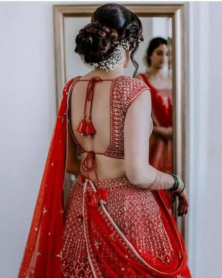Bright Red Wedding Half Saree Blouse Back Neck Design