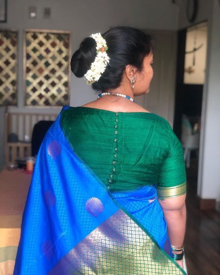 Back Button Green Patu Saree Blouse Design