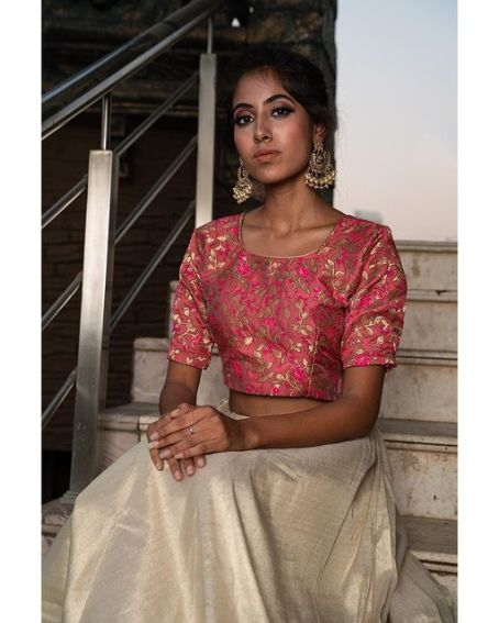 Pink And Gold Hand-painted Blouse Design