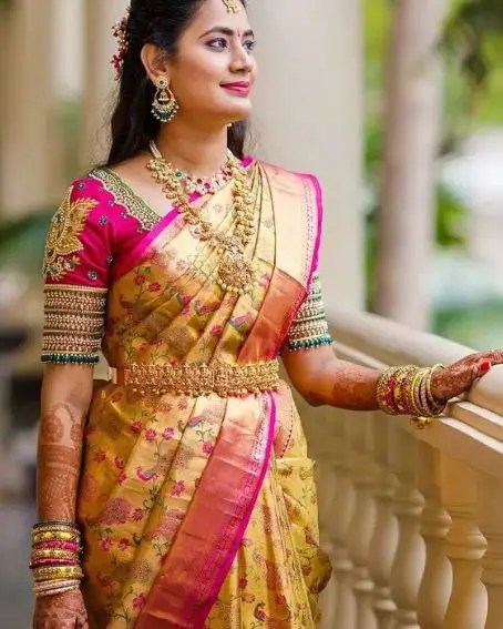 Pink Heavy Work Blouse With Mustard Yellow Pattu Saree