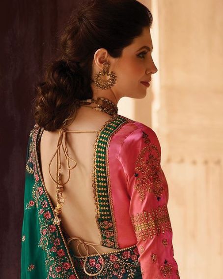 Backless Patchwork Pink And Green Saree Blouse Design