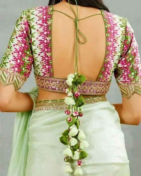 Backless Pink And Green Combination Blouse Design