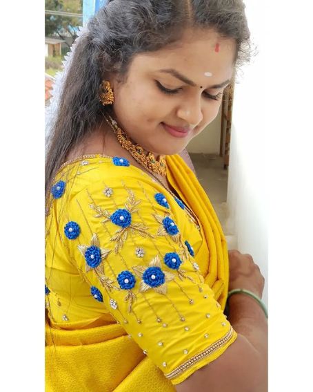 Blue Flower In Yellow Pattu Blouse Aariwork Hand Blouse Design