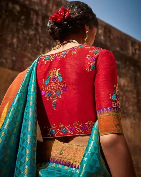 Colourful Patchwork Paithani Blouse Design