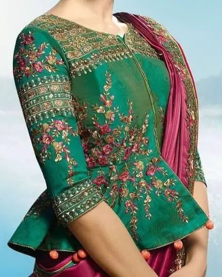 Crop Top Patchwork Pink And Green Blouse Design