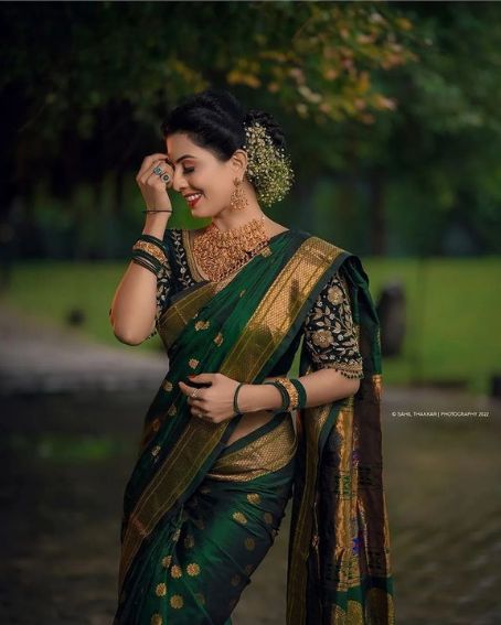 Dark Green Pattu Blouse Aariwork Hand Blouse Design