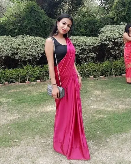 Dark Pink Plain Satin Saree With The Black Blouse Design