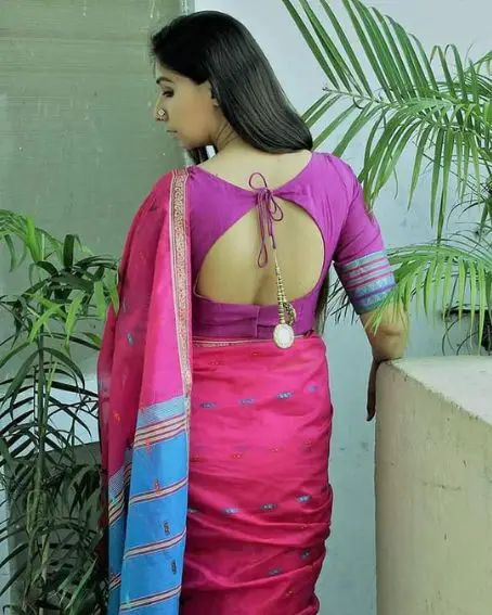Dori Style Modern Cotton Saree Back Neck Blouse Design