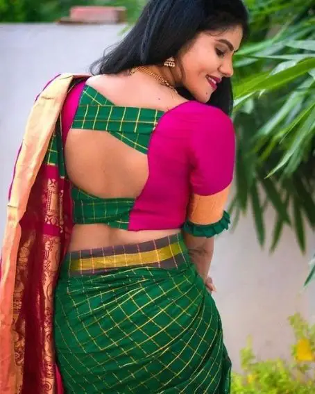 Double Color Kathapadar Saree Back Neck Blouse Design