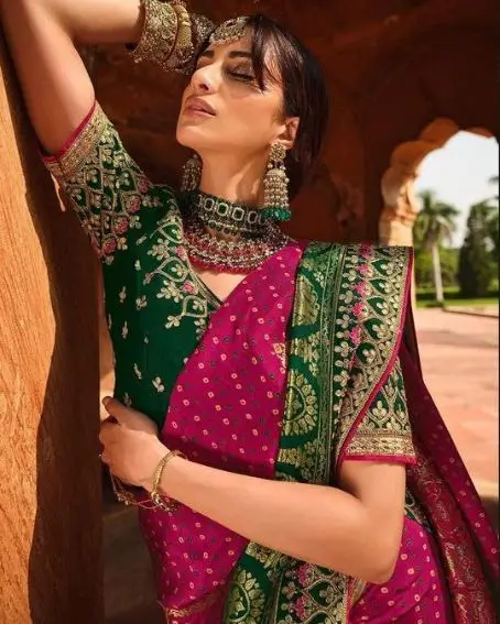 Embroidery Pink Saree With Green Blouse Design