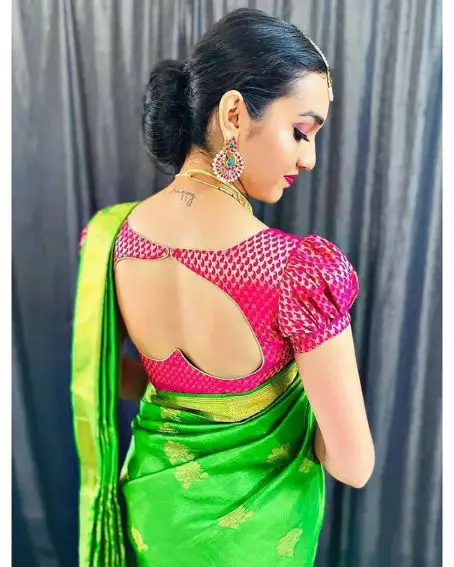 Heart Shape Kathpadar Saree Back Neck Blouse Design