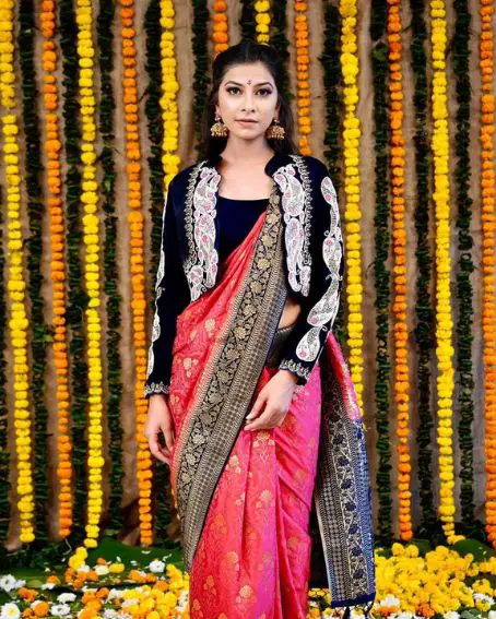 Jacket Style Velvet Blouse Design for Silk Saree