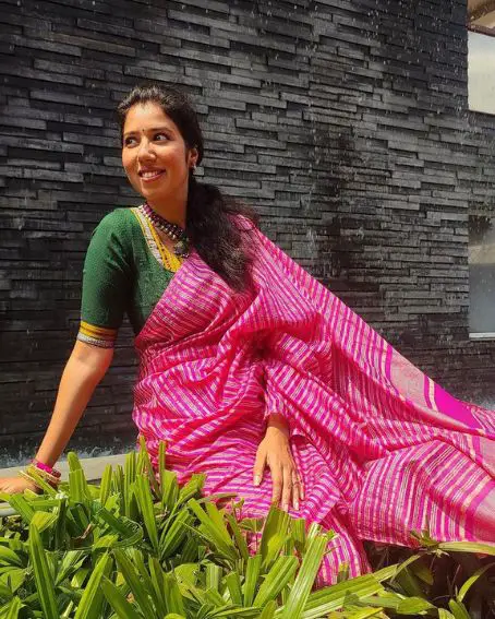 Jute Silk Pink Saree With Green Blouse Design